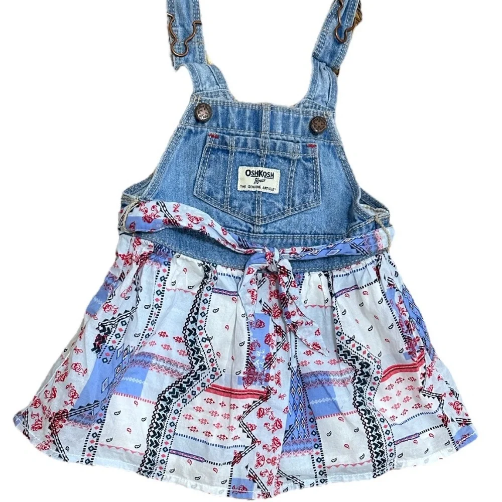 OshKosh B'gosh Red White Blue Denim Bandana Patchwork Overalls Dress Baby Girl